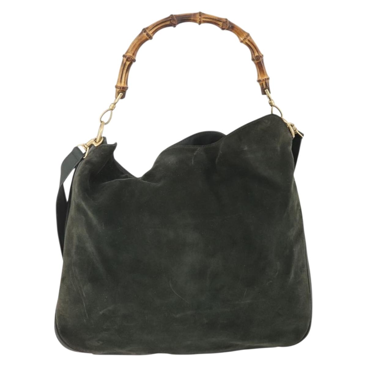 GUCCI Bamboo Shoulder Bag Suede 2way Khaki Gold Auth 180802