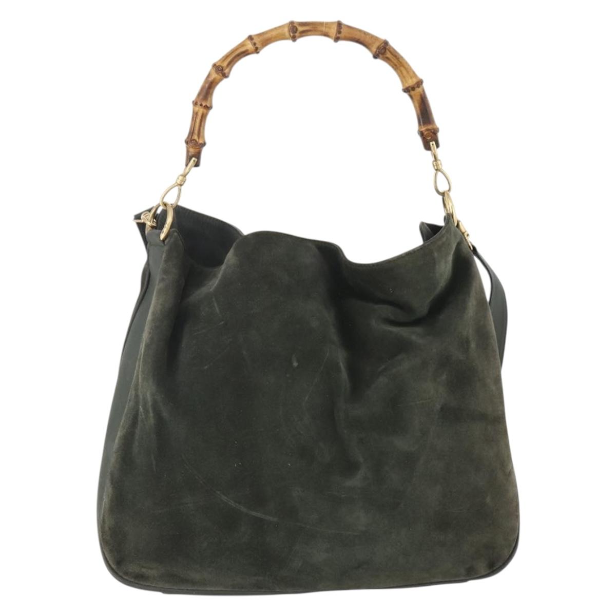 GUCCI Bamboo Shoulder Bag Suede 2way Khaki Gold Auth 180802