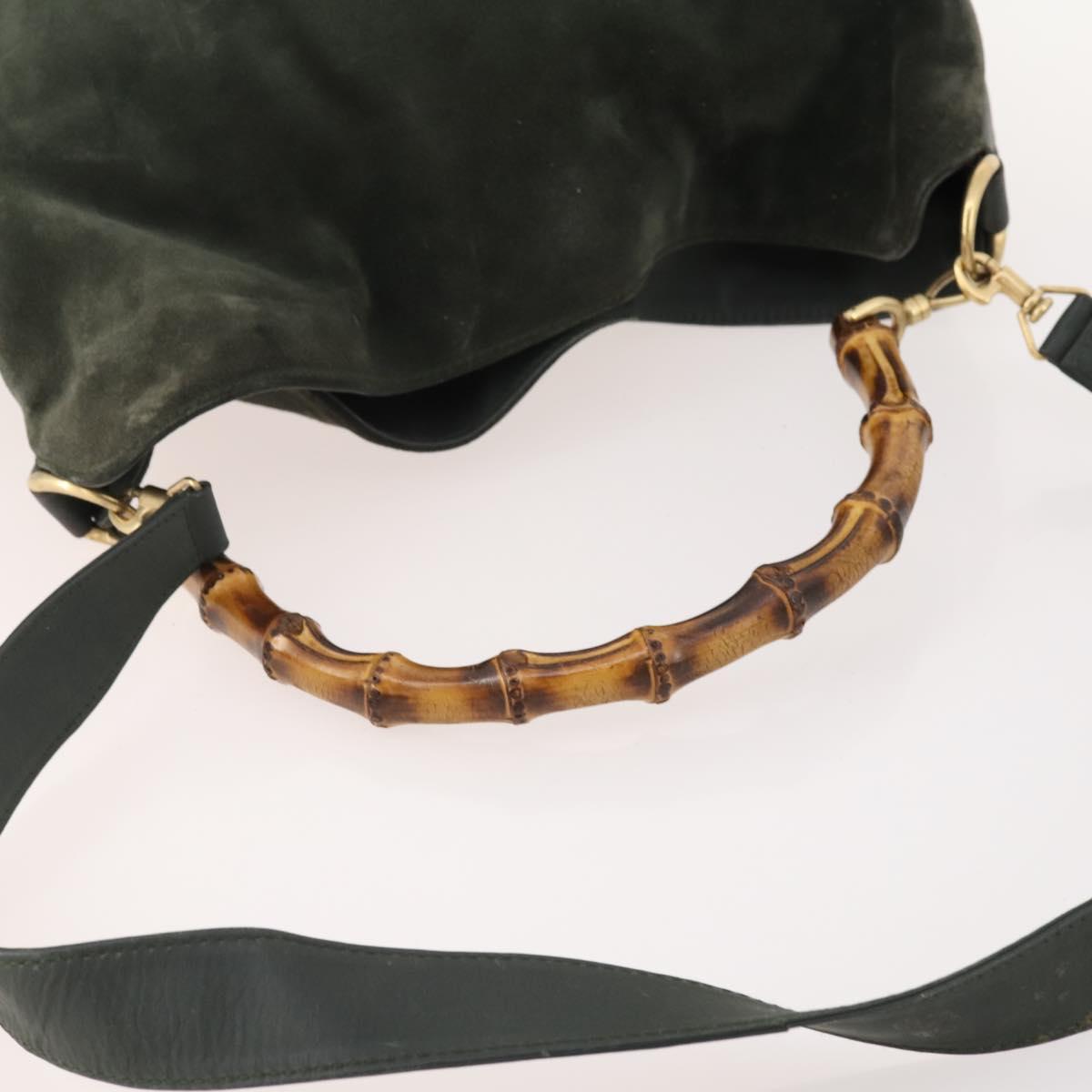 GUCCI Bamboo Shoulder Bag Suede 2way Khaki Gold Auth 180802