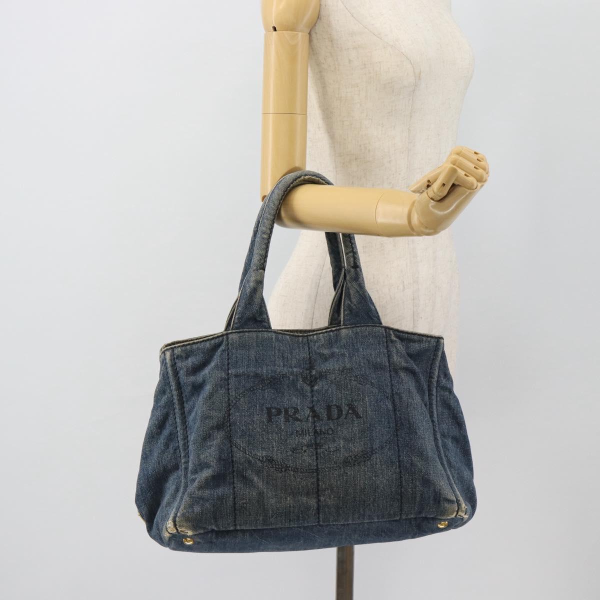 PRADA Canapa MM Hand Bag Denim Blue Gold Auth 180818