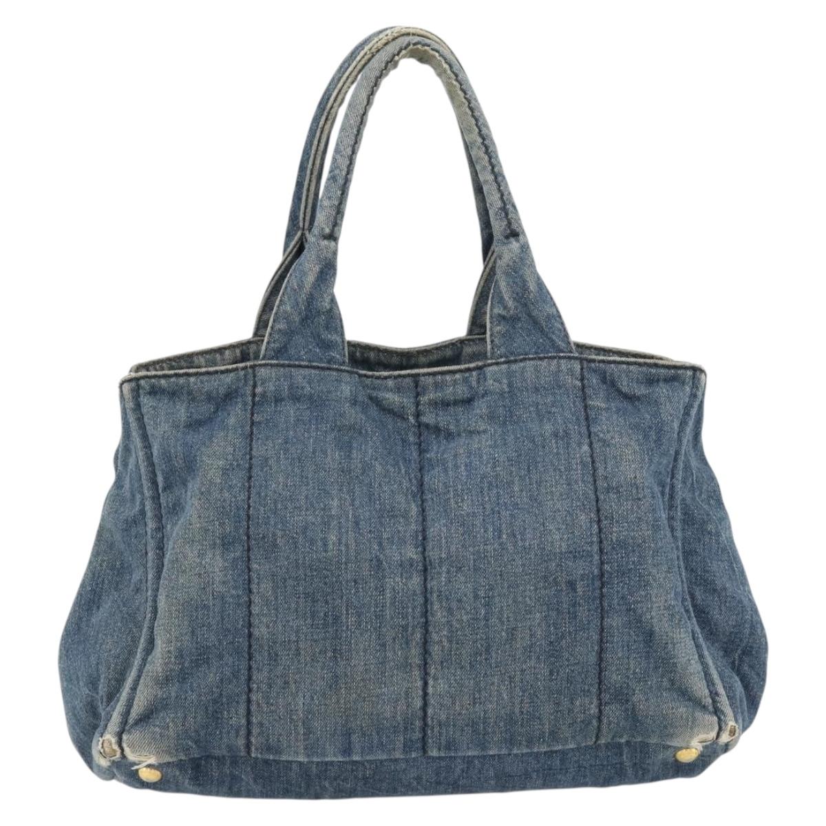 PRADA Canapa MM Hand Bag Denim Blue Gold Auth 180818
