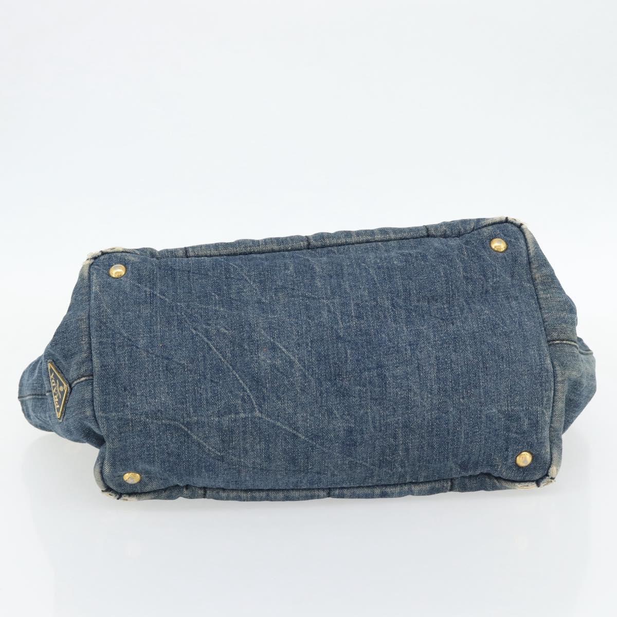 PRADA Canapa MM Hand Bag Denim Blue Gold Auth 180818