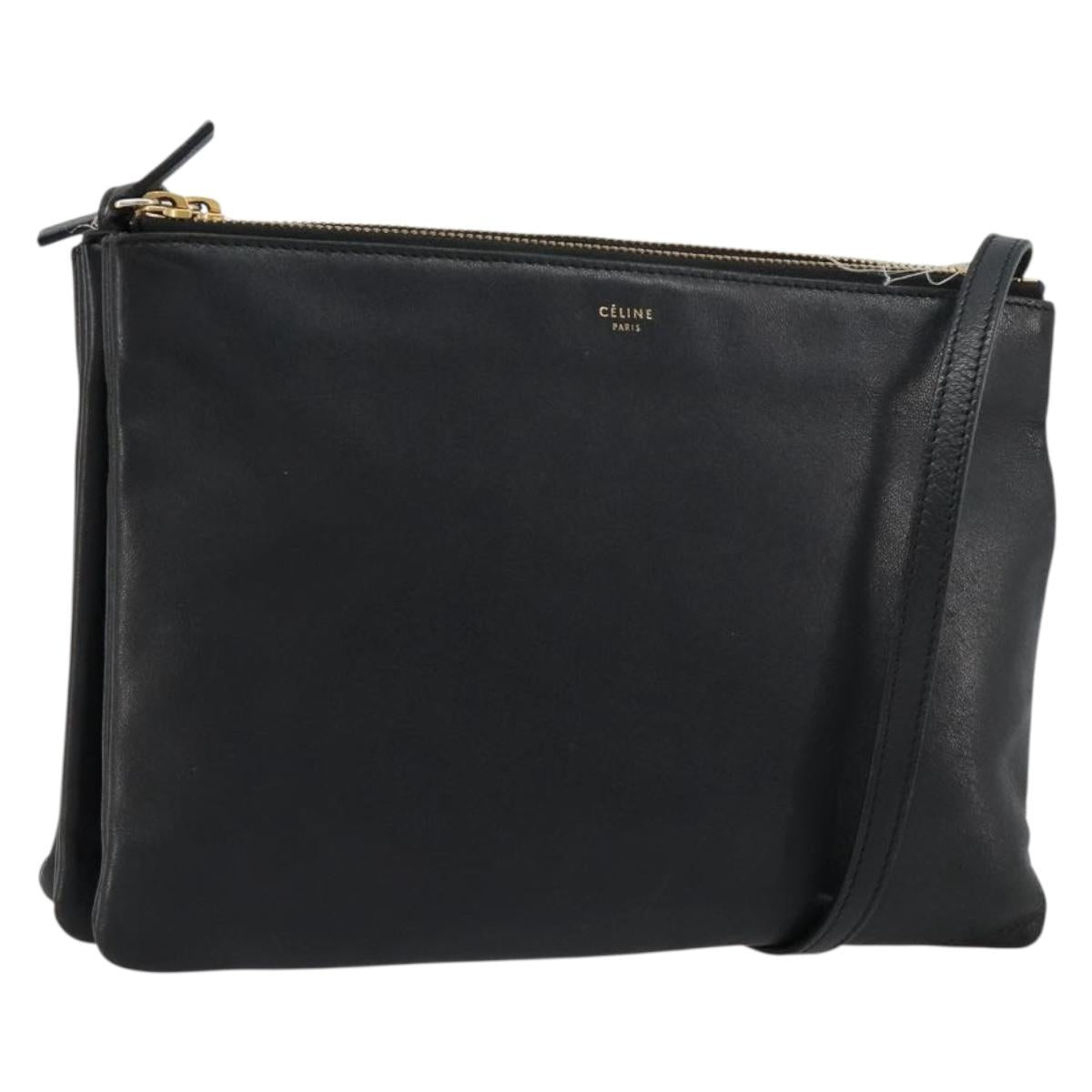 CELINE Trio Shoulder Bag Leather Black Gold Auth 180834