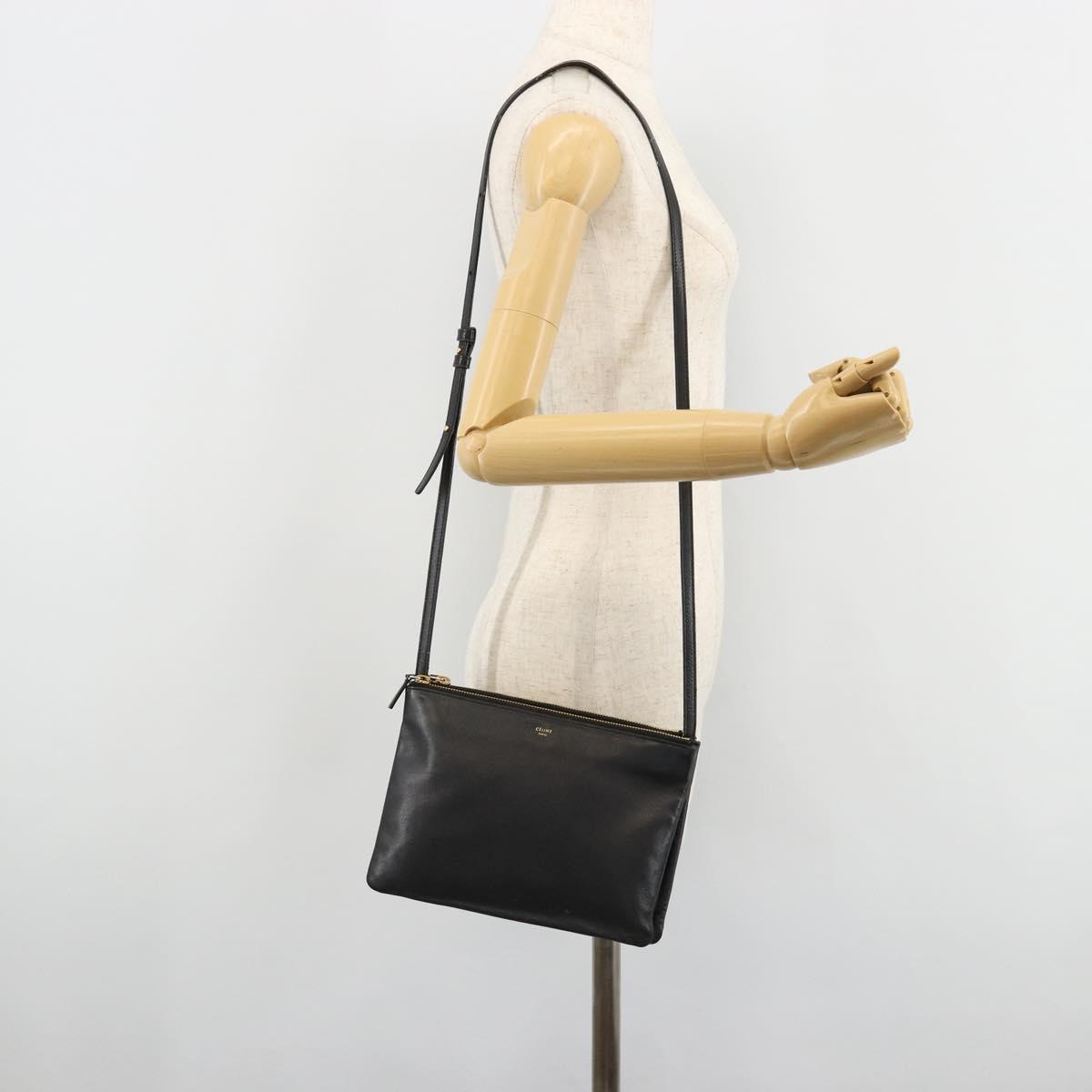 CELINE Trio Shoulder Bag Leather Black Gold Auth 180834