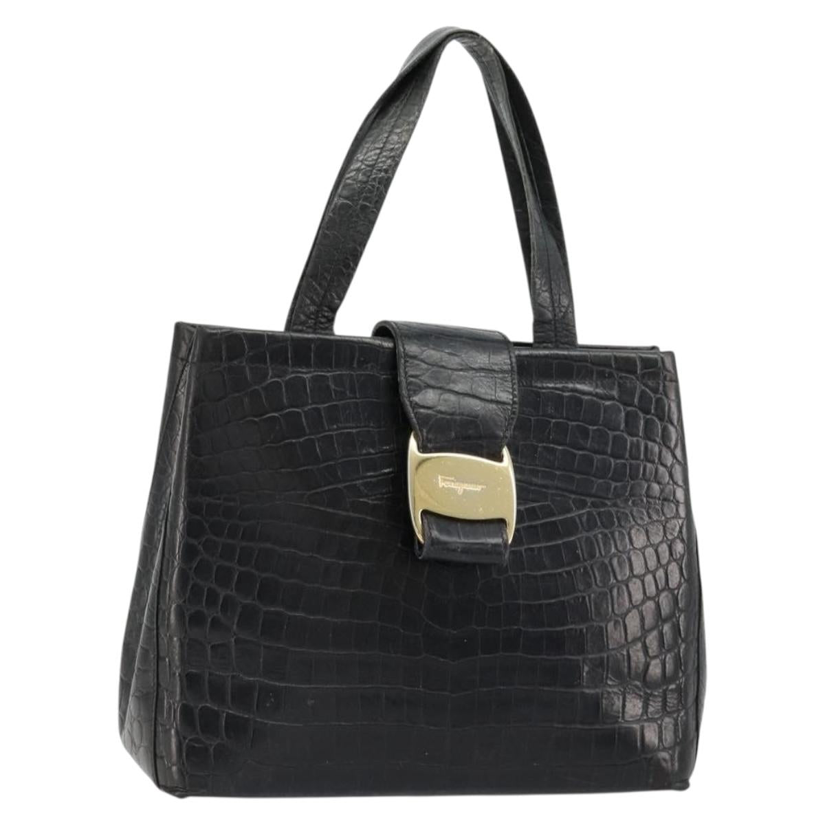 Salvatore Ferragamo Vala Hand Bag Leather Black Gold Auth 180858