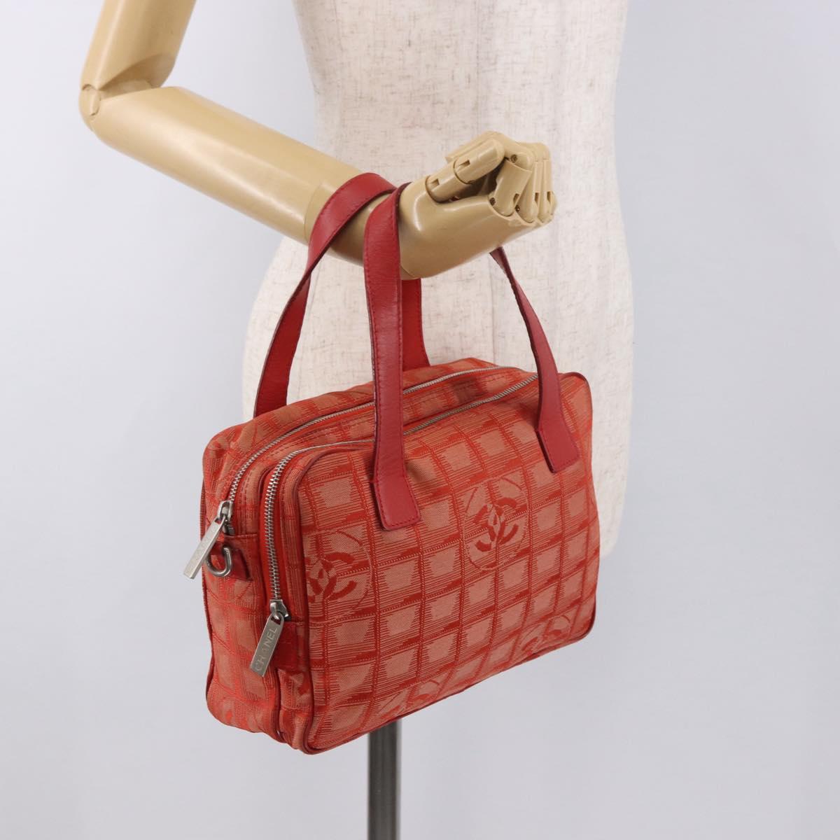 CHANEL New Travel Line Hand Bag Canvas Orange Silver CC Auth 180862