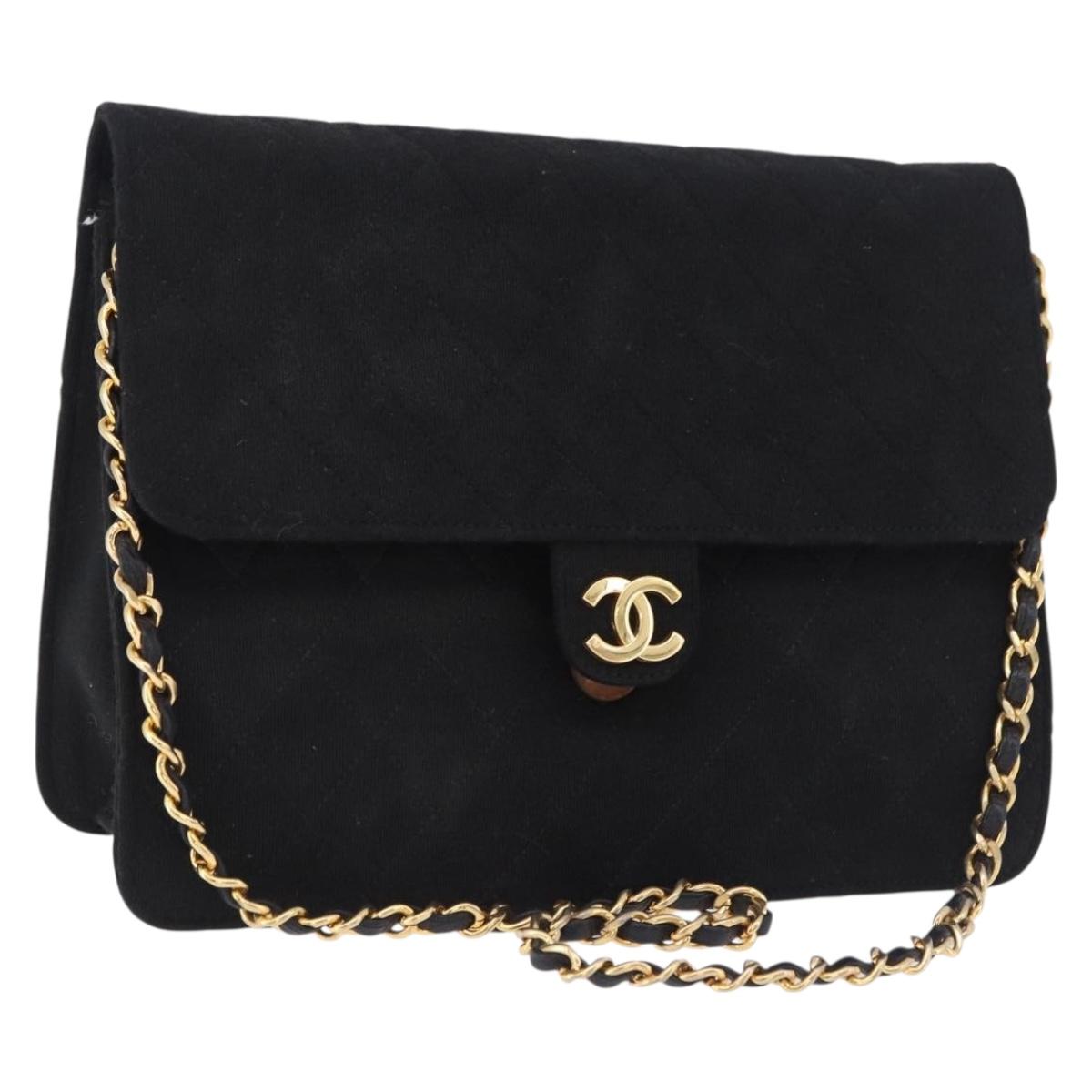 CHANEL Matelasse Chain Shoulder Bag Cotton Black Gold CC Auth 180866