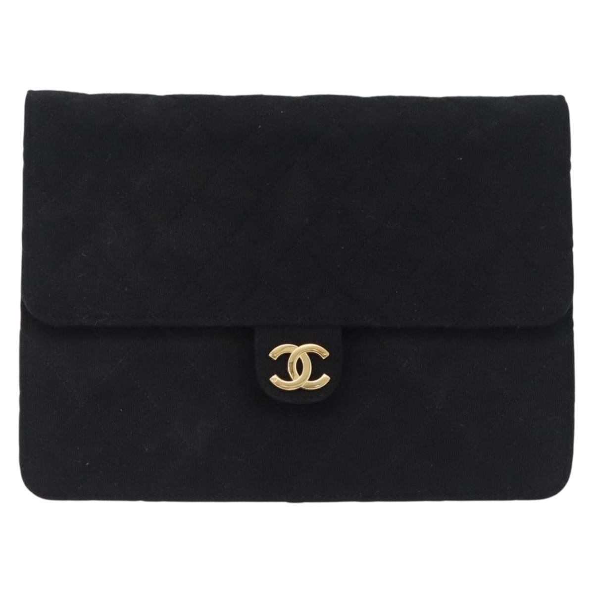 CHANEL Matelasse Chain Shoulder Bag Cotton Black Gold CC Auth 180866