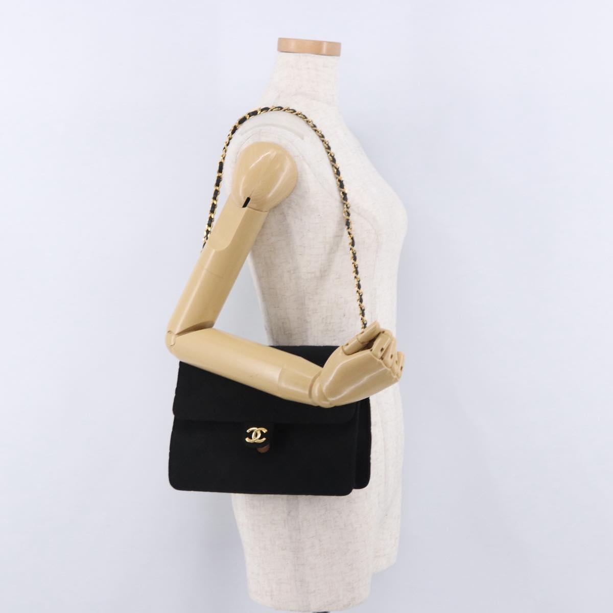 CHANEL Matelasse Chain Shoulder Bag Cotton Black Gold CC Auth 180866