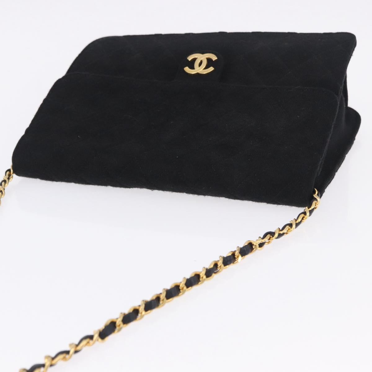 CHANEL Matelasse Chain Shoulder Bag Cotton Black Gold CC Auth 180866