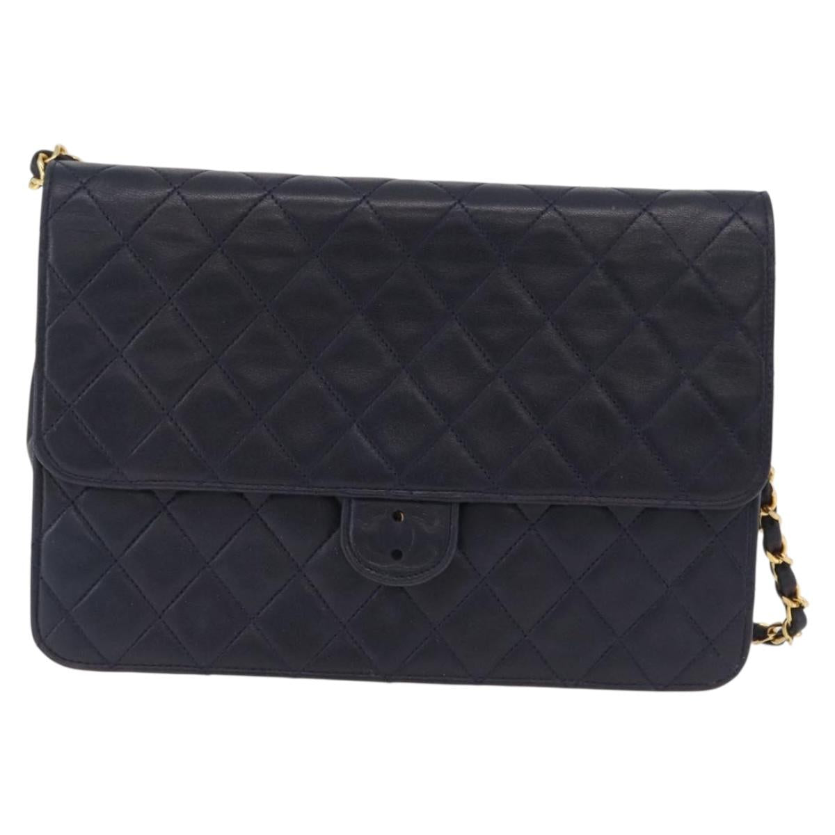 CHANEL Matelasse Chain Shoulder Bag Lamb Skin Black Gold CC Auth 180868