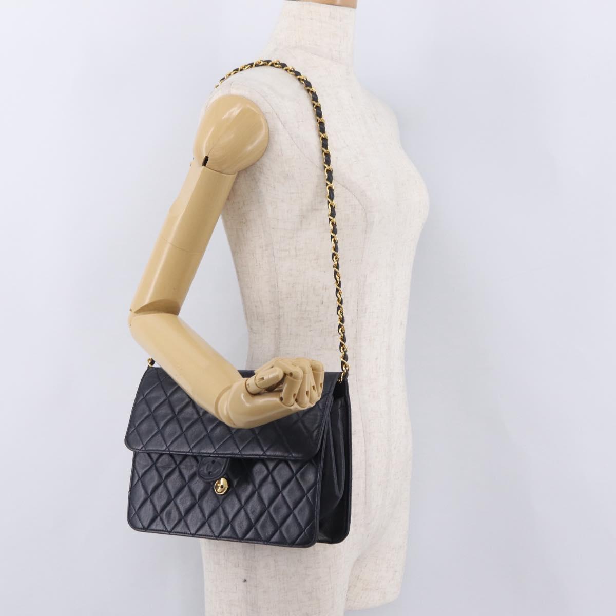 CHANEL Matelasse Chain Shoulder Bag Lamb Skin Black Gold CC Auth 180868
