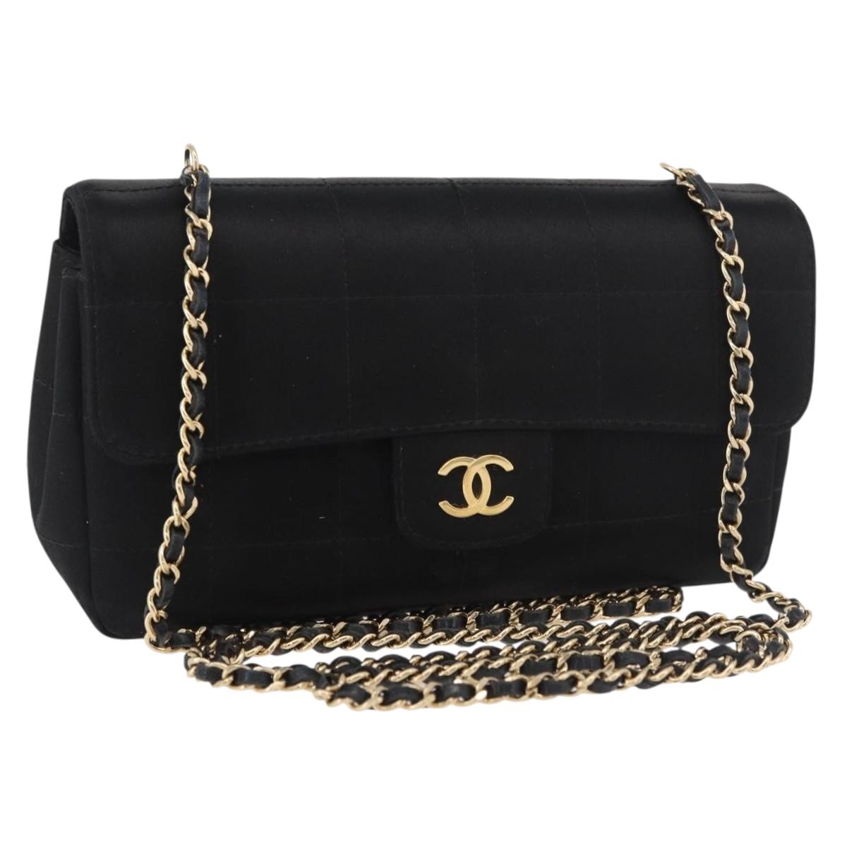 CHANEL Choco Bar Chain Shoulder Bag Satin Black Gold CC Auth 180872A