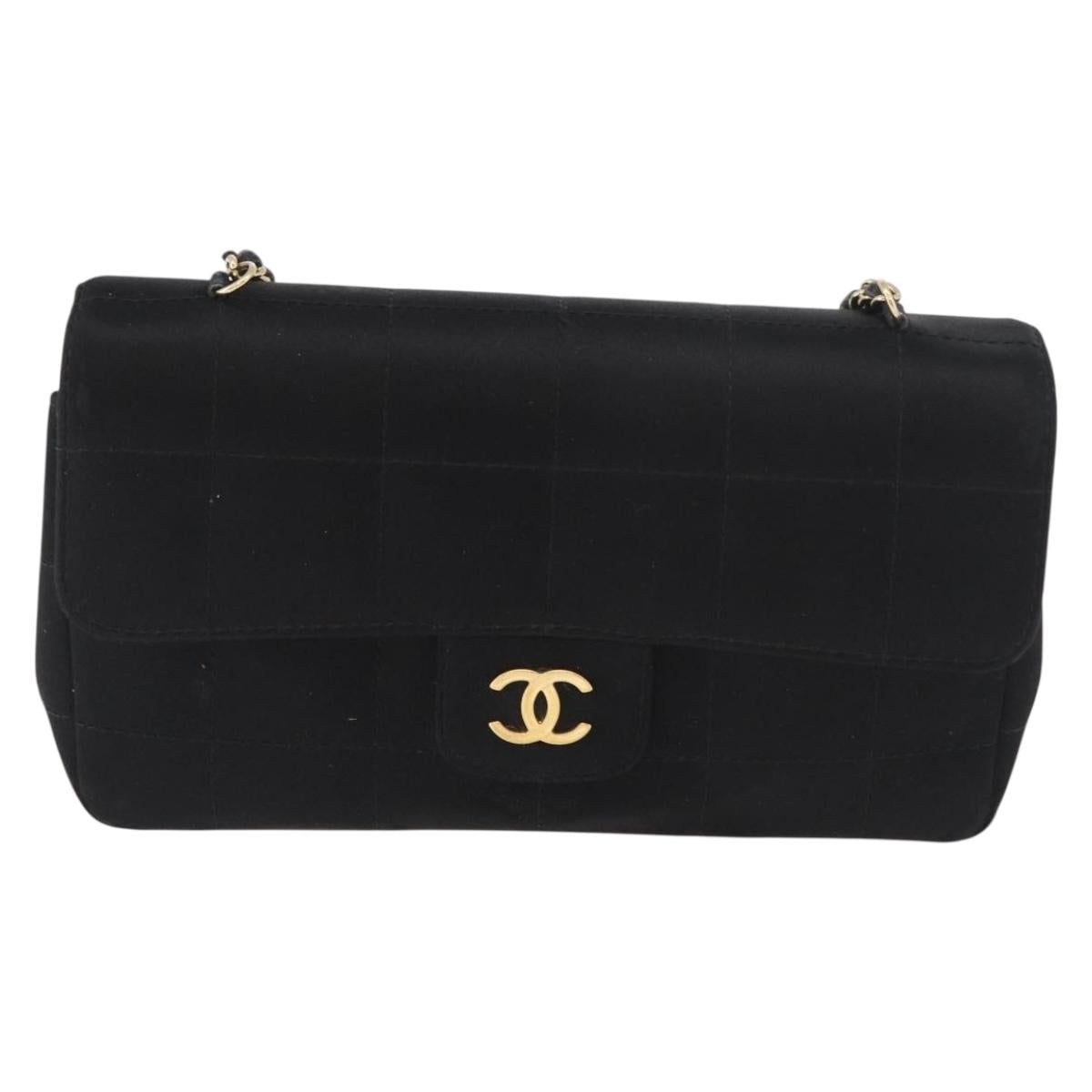 CHANEL Choco Bar Chain Shoulder Bag Satin Black Gold CC Auth 180872A
