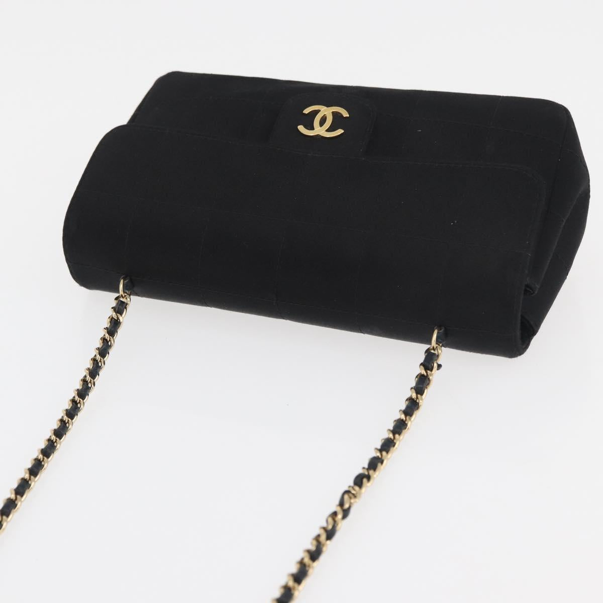 CHANEL Choco Bar Chain Shoulder Bag Satin Black Gold CC Auth 180872A