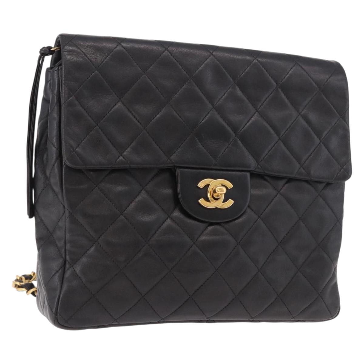 CHANEL Matelasse Chain Backpack Lamb Skin Gold Black CC Auth 180873SAV