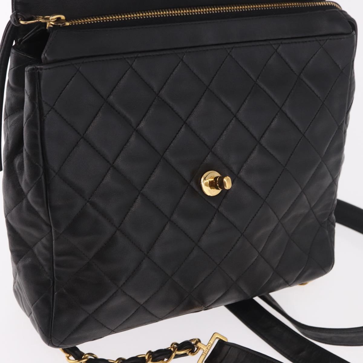 CHANEL Matelasse Chain Backpack Lamb Skin Gold Black CC Auth 180873SAV