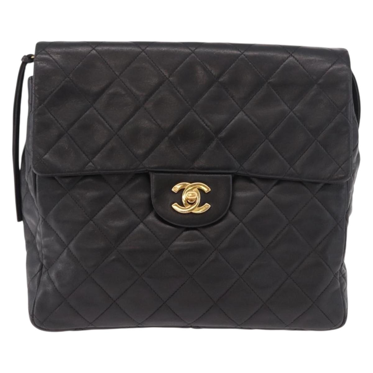 CHANEL Matelasse Chain Backpack Lamb Skin Gold Black CC Auth 180873SAV