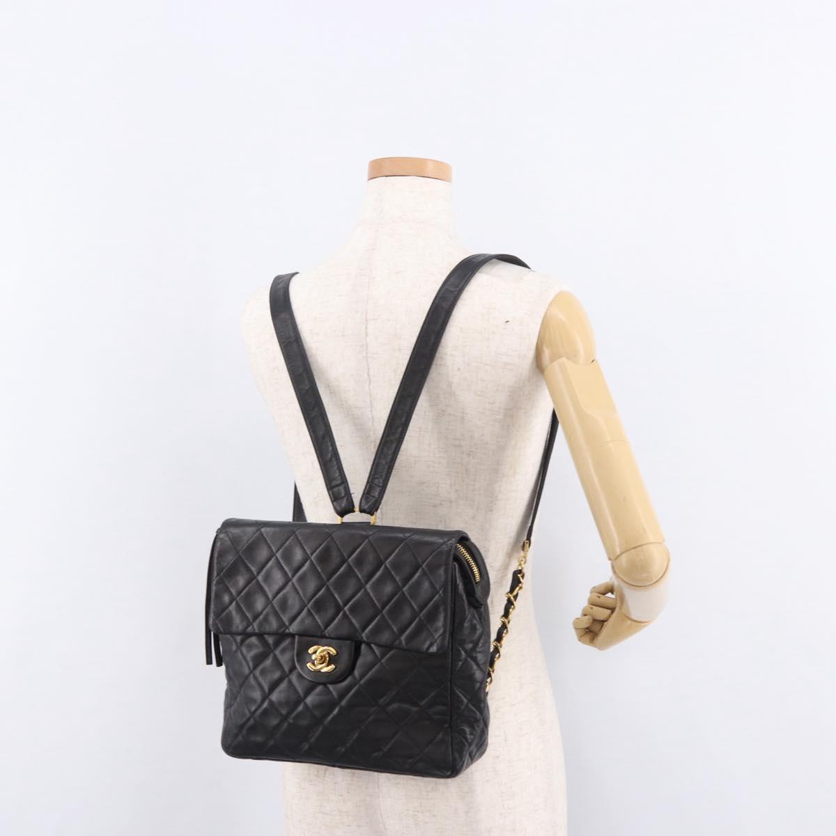 CHANEL Matelasse Chain Backpack Lamb Skin Gold Black CC Auth 180873SAV