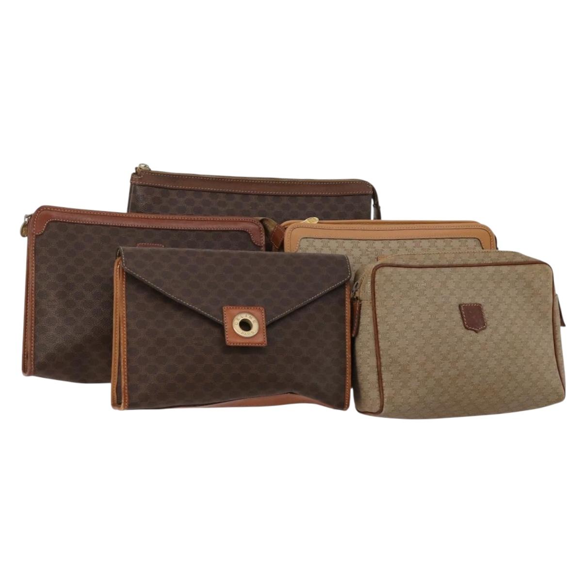 CELINE Macadam Canvas Clutch Bag PVC Leather 5 Set Brown Beige Auth 180889