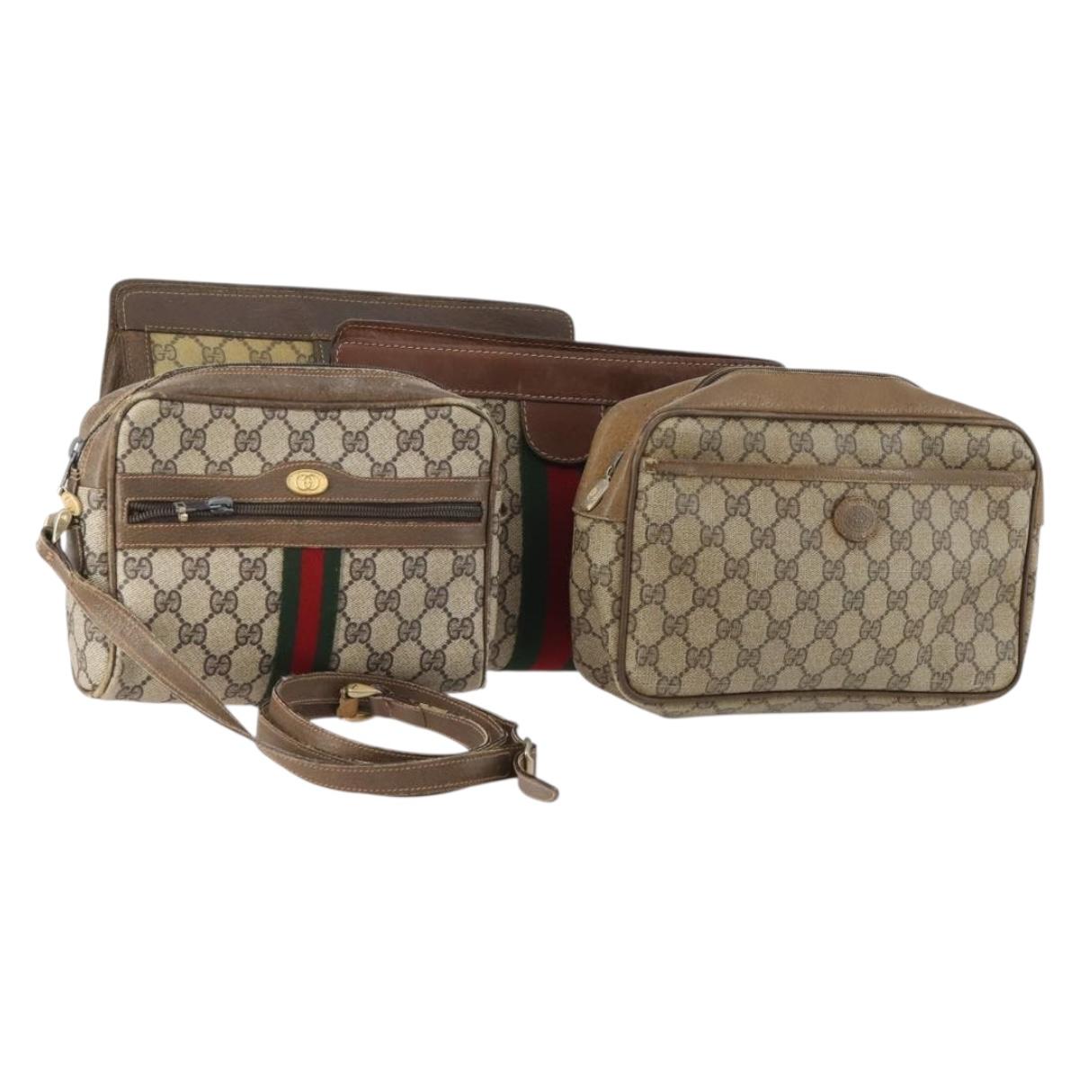 GUCCI GG Supreme Web Sherry Line Clutch Bag PVC 4 Set Beige Gold Auth 180890