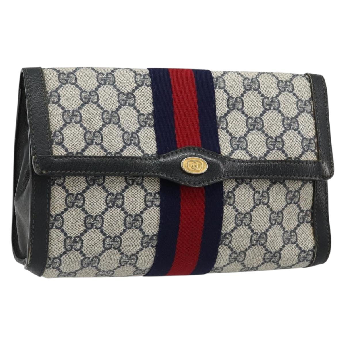 GUCCI GG Supreme Sherry Line Clutch Bag PVC Navy Gold 41 014 3087 25 Auth 180897