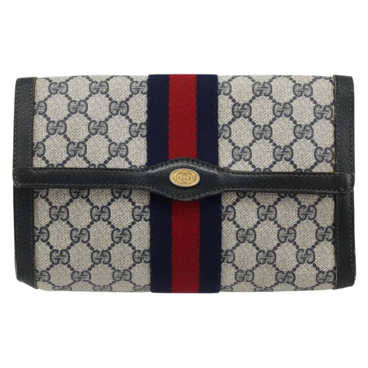 GUCCI GG Supreme Sherry Line Clutch Bag PVC Navy Gold 41 014 3087 25 Auth 180897