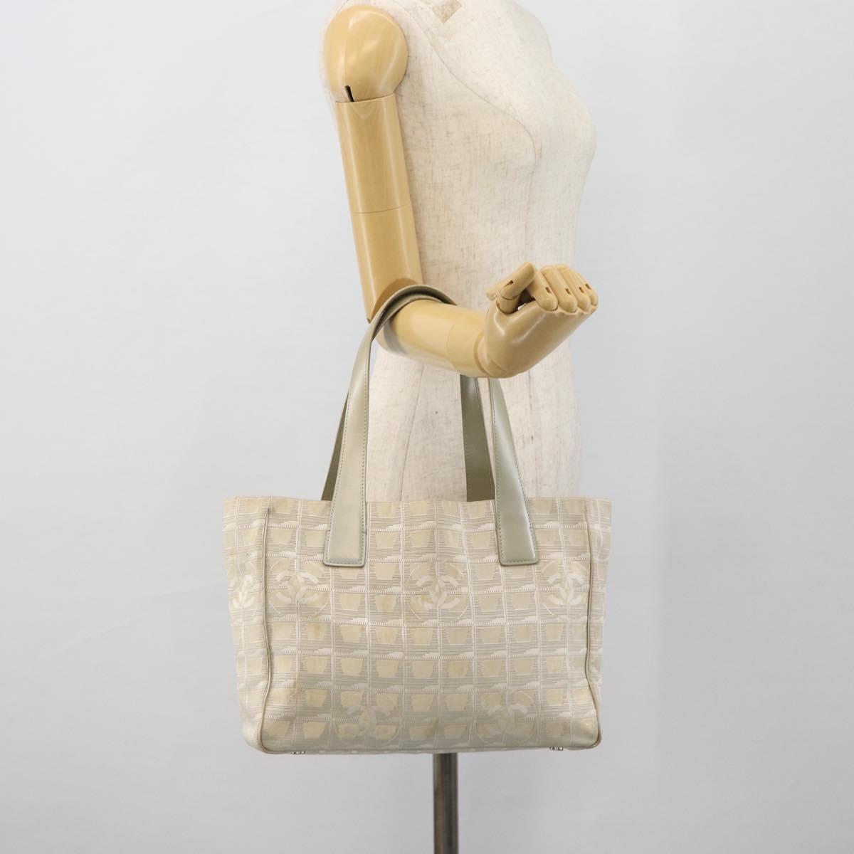 CHANEL New Travel Line Tote Bag Nylon Beige Silver CC Auth 180920