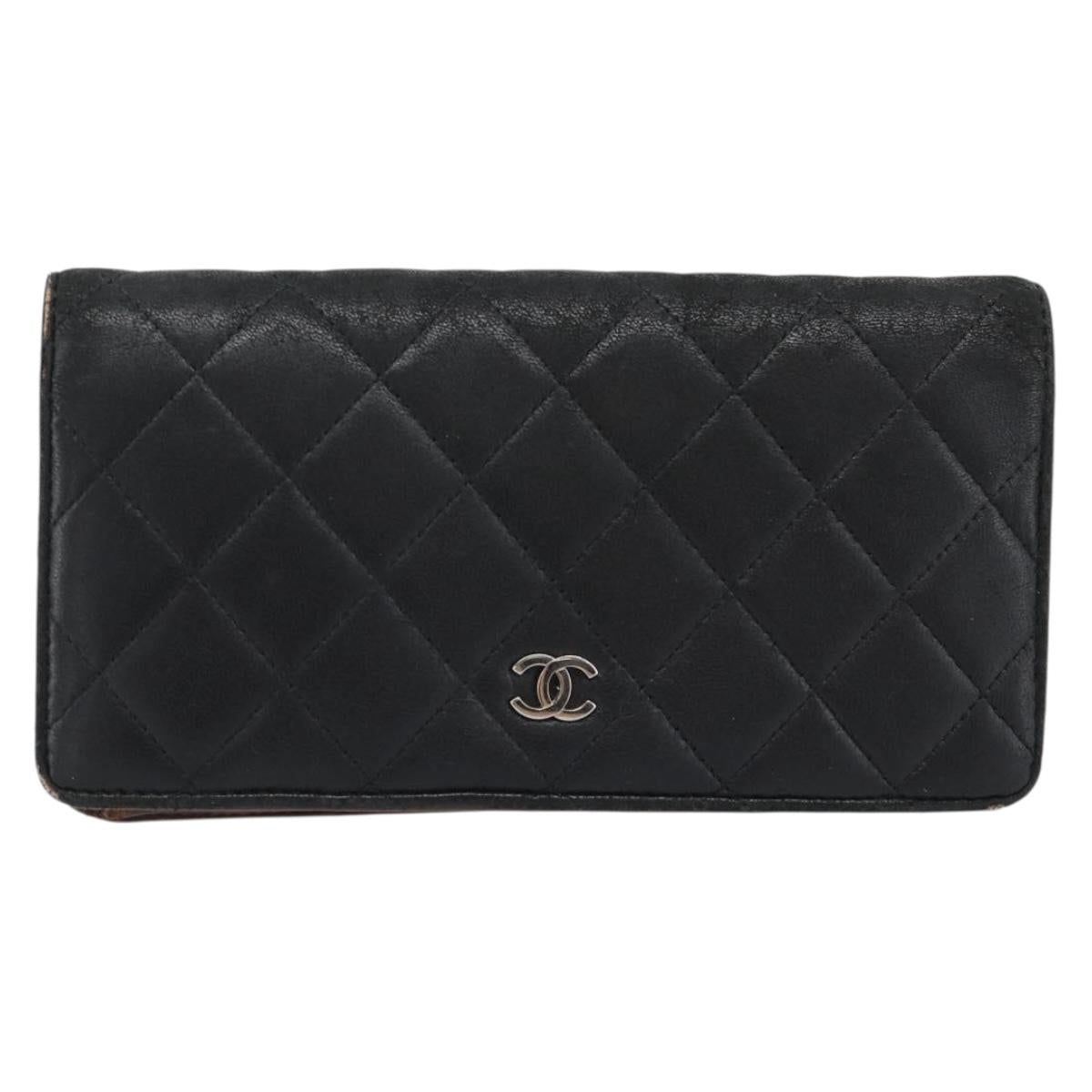 CHANEL Matelasse Long Wallet Lamb Skin Black Silver CC Auth 180933