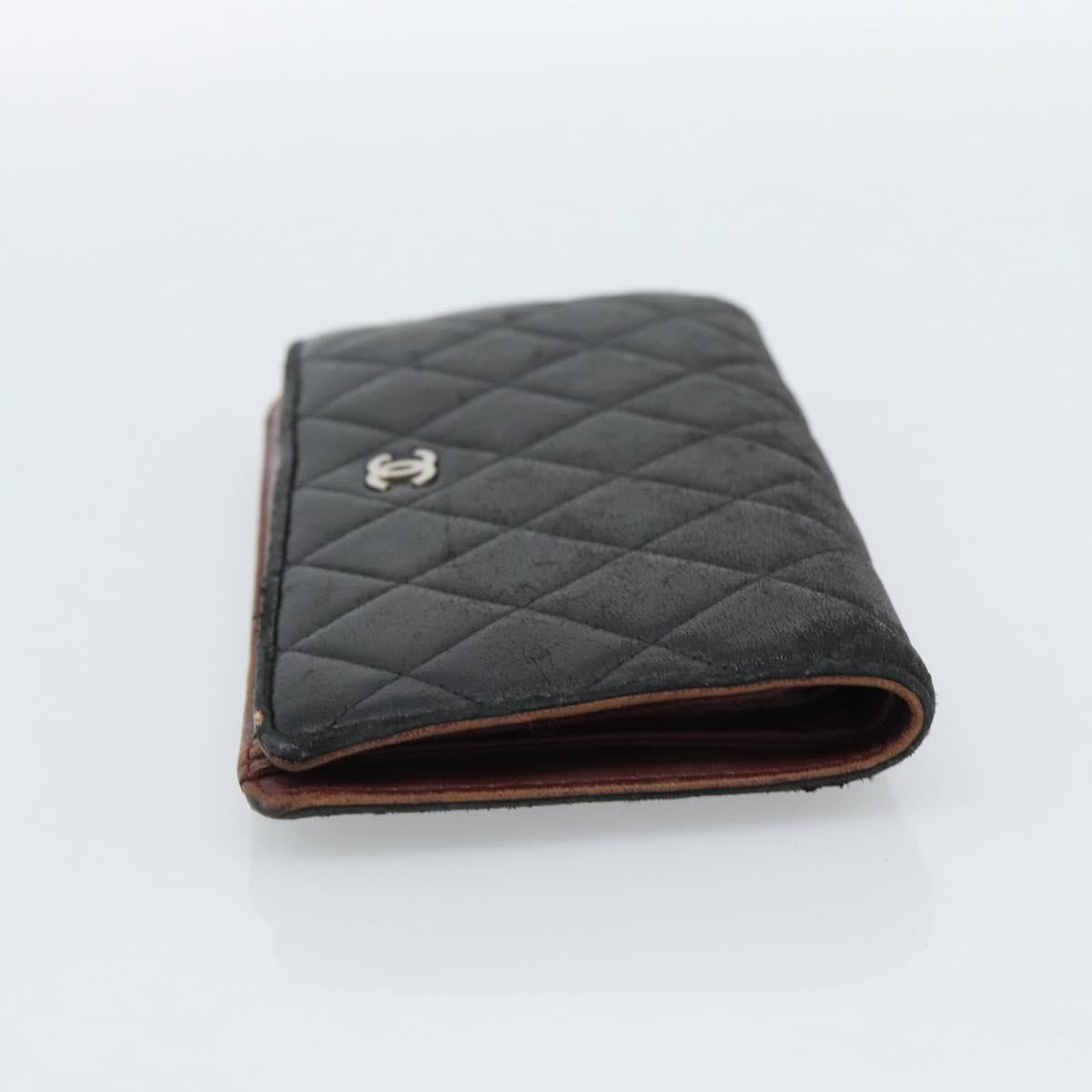CHANEL Matelasse Long Wallet Lamb Skin Black Silver CC Auth 180933