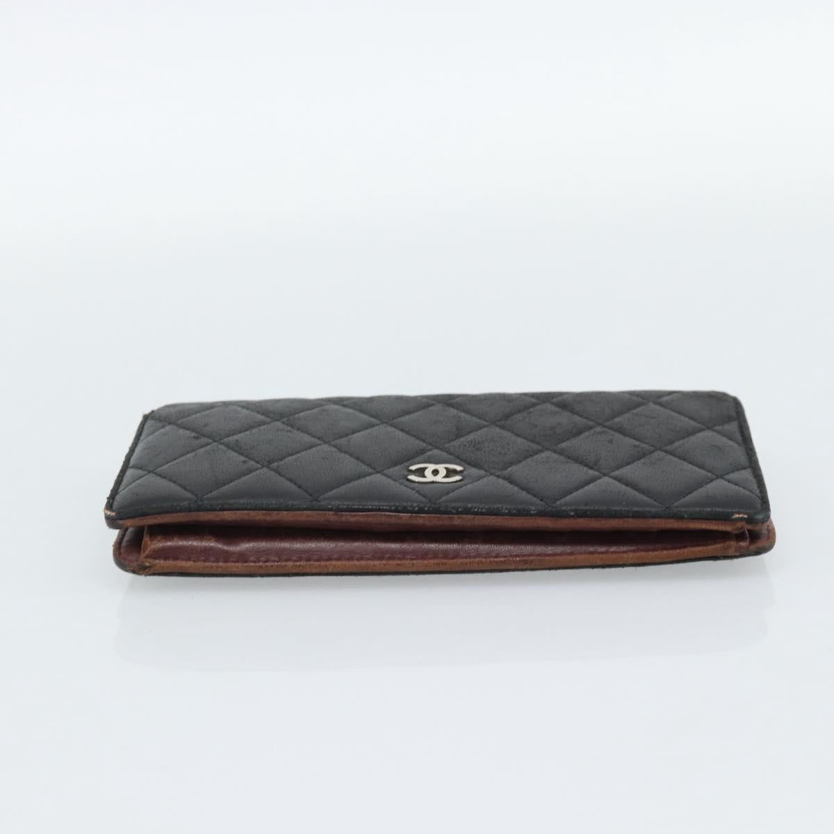 CHANEL Matelasse Long Wallet Lamb Skin Black Silver CC Auth 180933