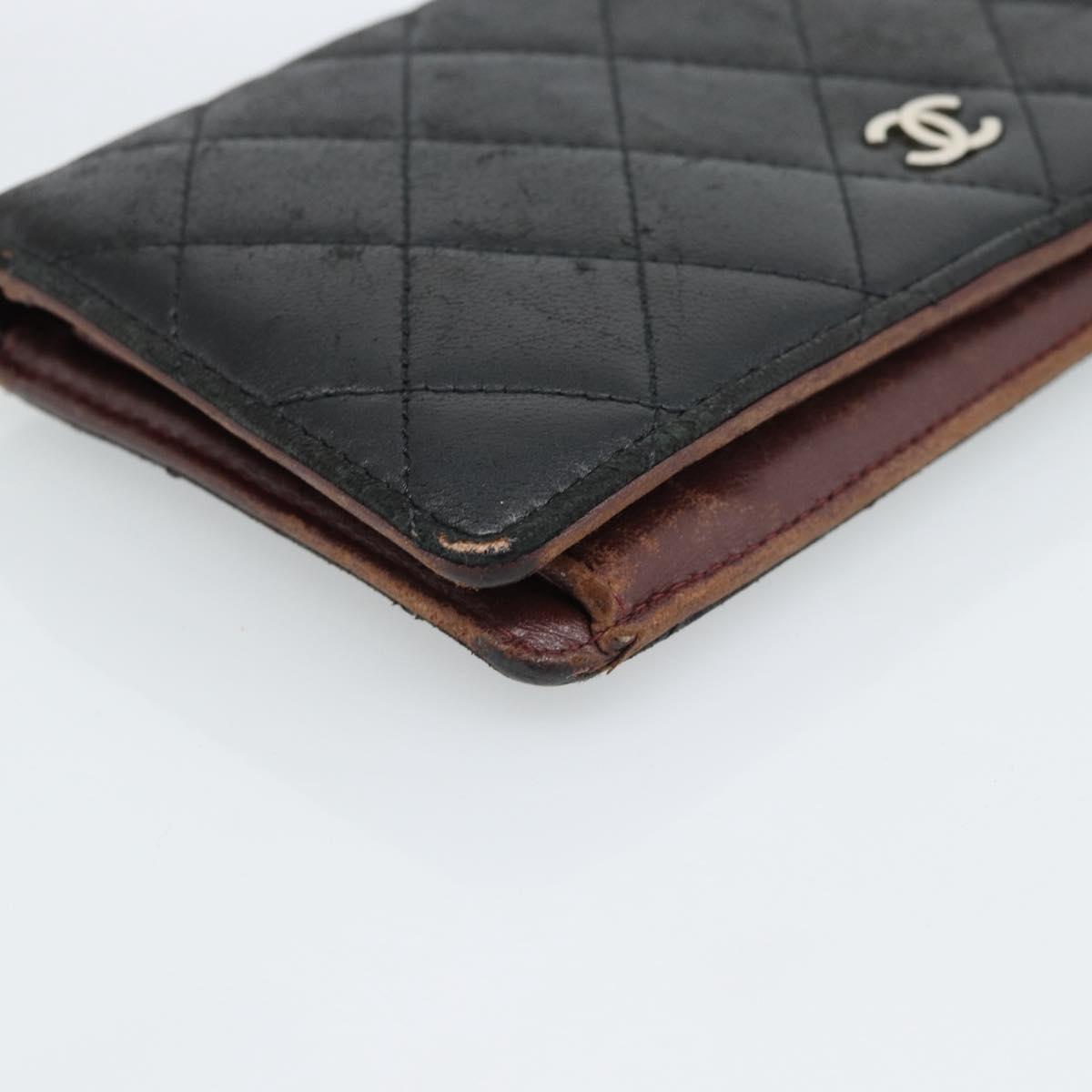 CHANEL Matelasse Long Wallet Lamb Skin Black Silver CC Auth 180933