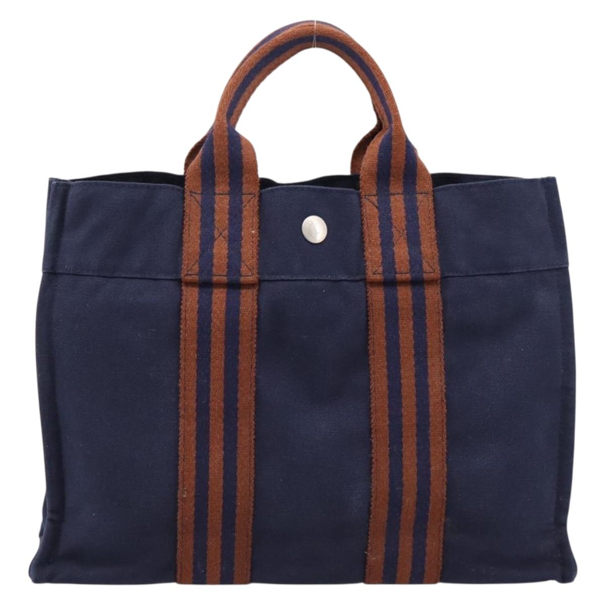 HERMES Fourre Tout PM Hand Bag Canvas Navy Silver Auth 180974