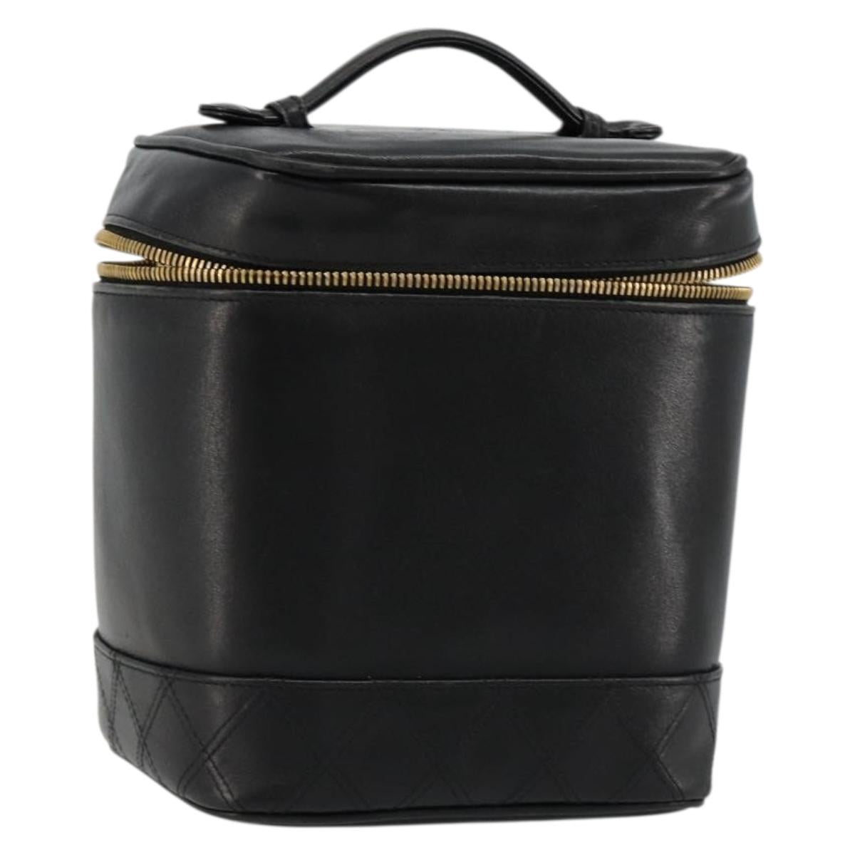 CHANEL Bicolore Vanity Hand Bag Lamb Skin Black Gold CC Auth 181100