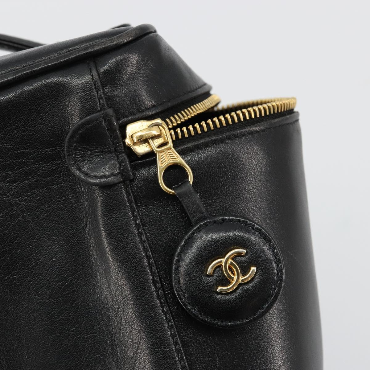 CHANEL Bicolore Vanity Hand Bag Lamb Skin Black Gold CC Auth 181100