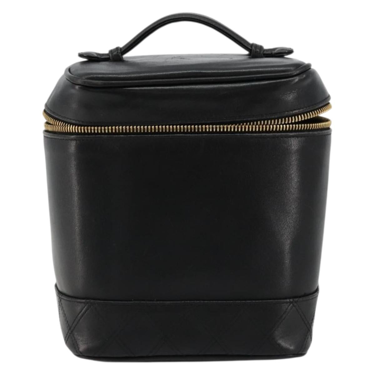 CHANEL Bicolore Vanity Hand Bag Lamb Skin Black Gold CC Auth 181100