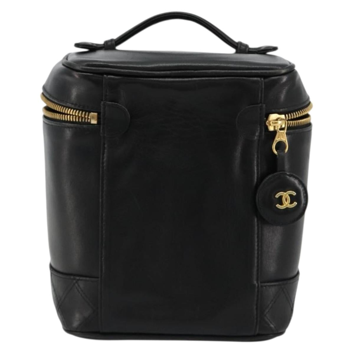 CHANEL Bicolore Vanity Hand Bag Lamb Skin Black Gold CC Auth 181100