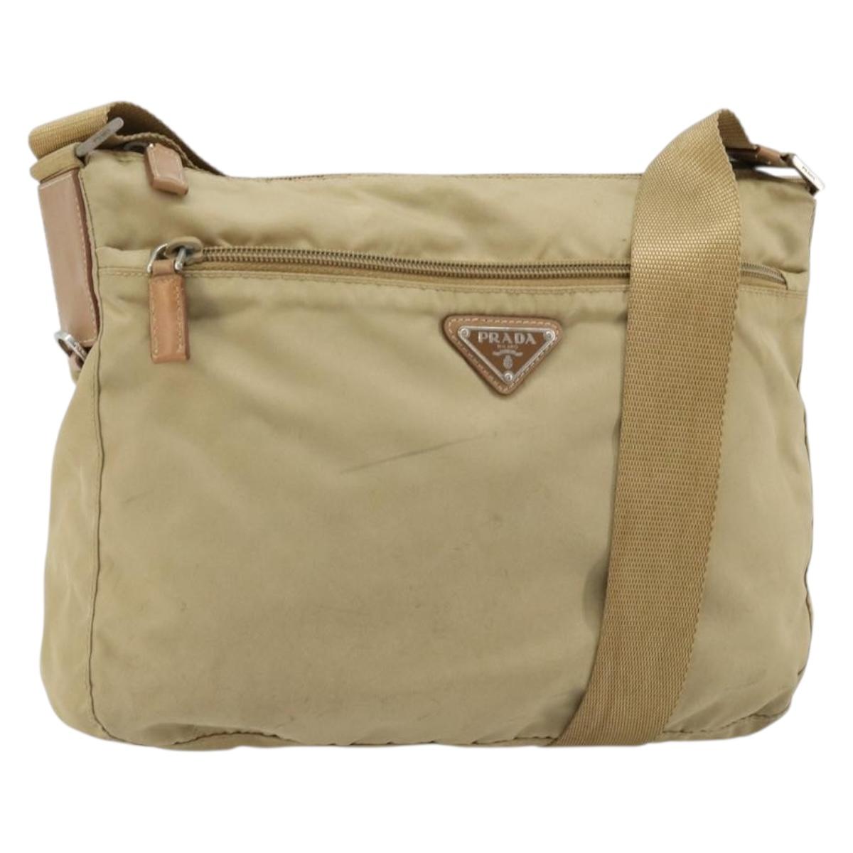 PRADA Shoulder Bag Nylon Beige Silver Auth 181130
