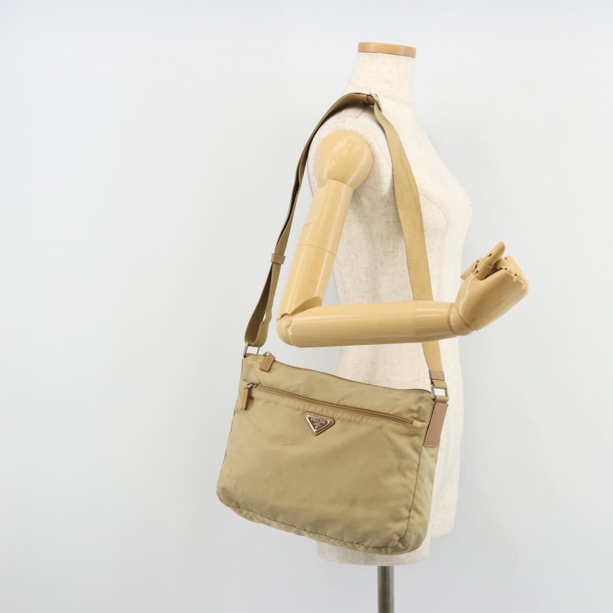 PRADA Shoulder Bag Nylon Beige Silver Auth 181130