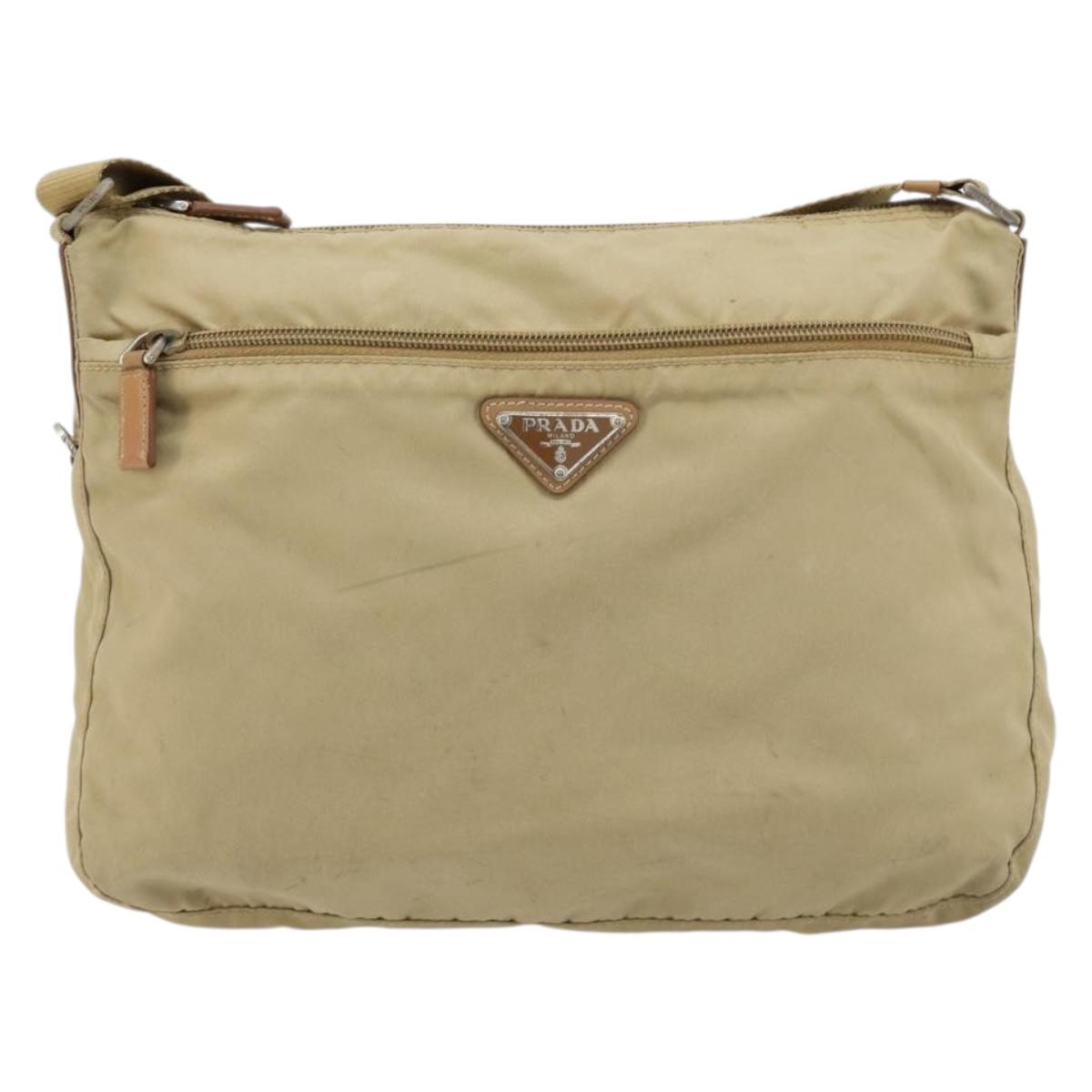 PRADA Shoulder Bag Nylon Beige Silver Auth 181130