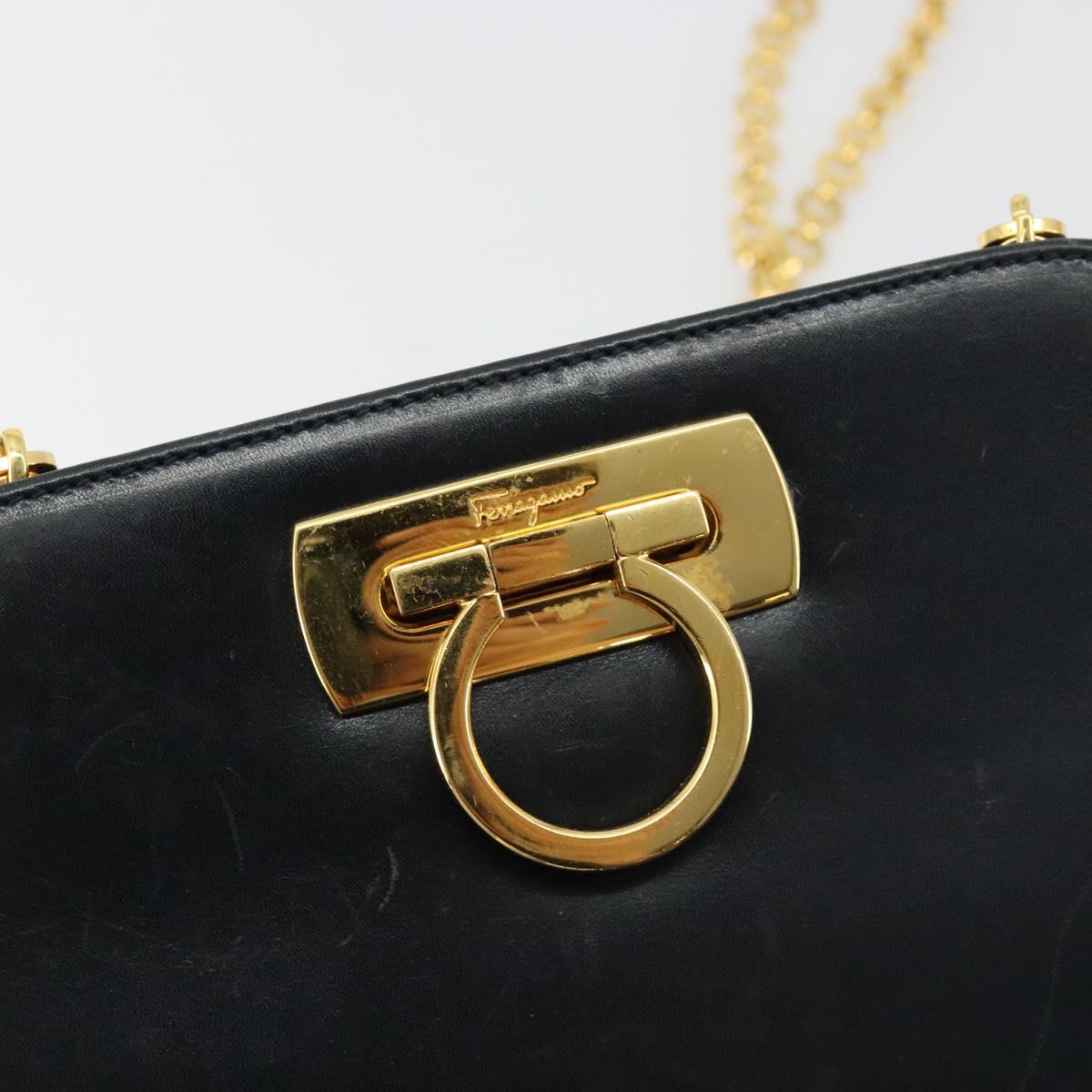 Salvatore Ferragamo Gancini Chain Shoulder Bag Leather Navy Gold Auth 181133