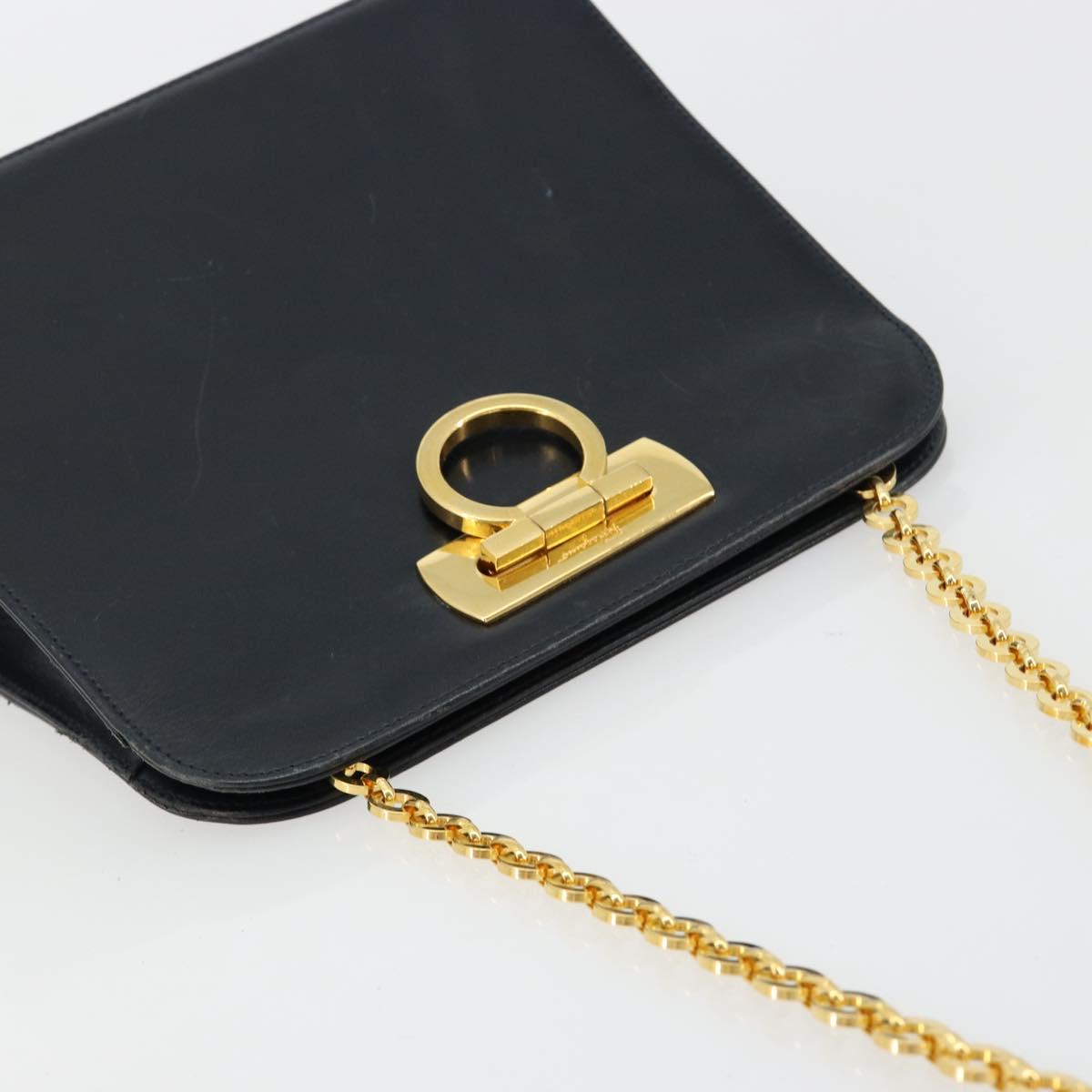 Salvatore Ferragamo Gancini Chain Shoulder Bag Leather Navy Gold Auth 181133