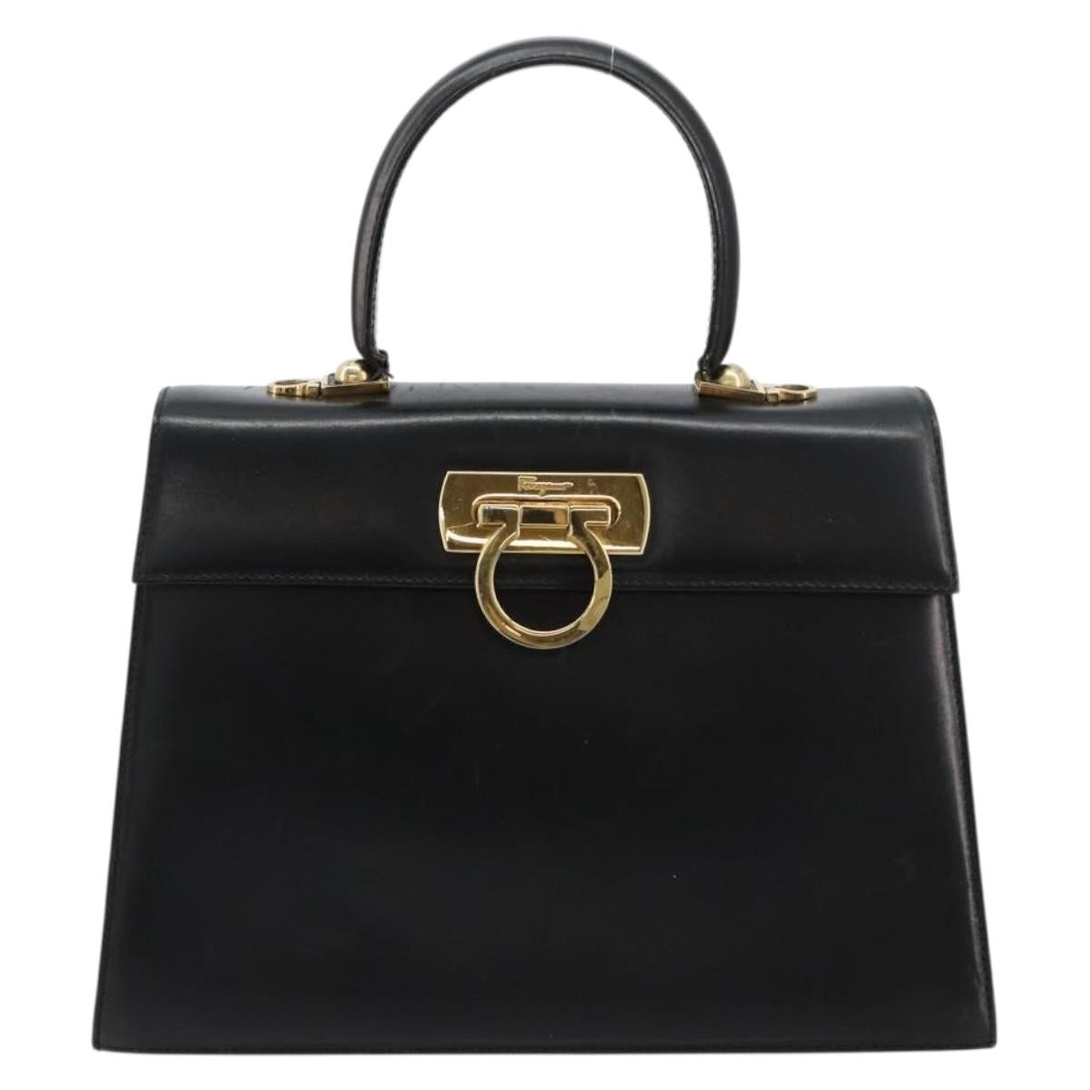 Salvatore Ferragamo Gancini Hand Bag Leather Black Gold Auth 181150
