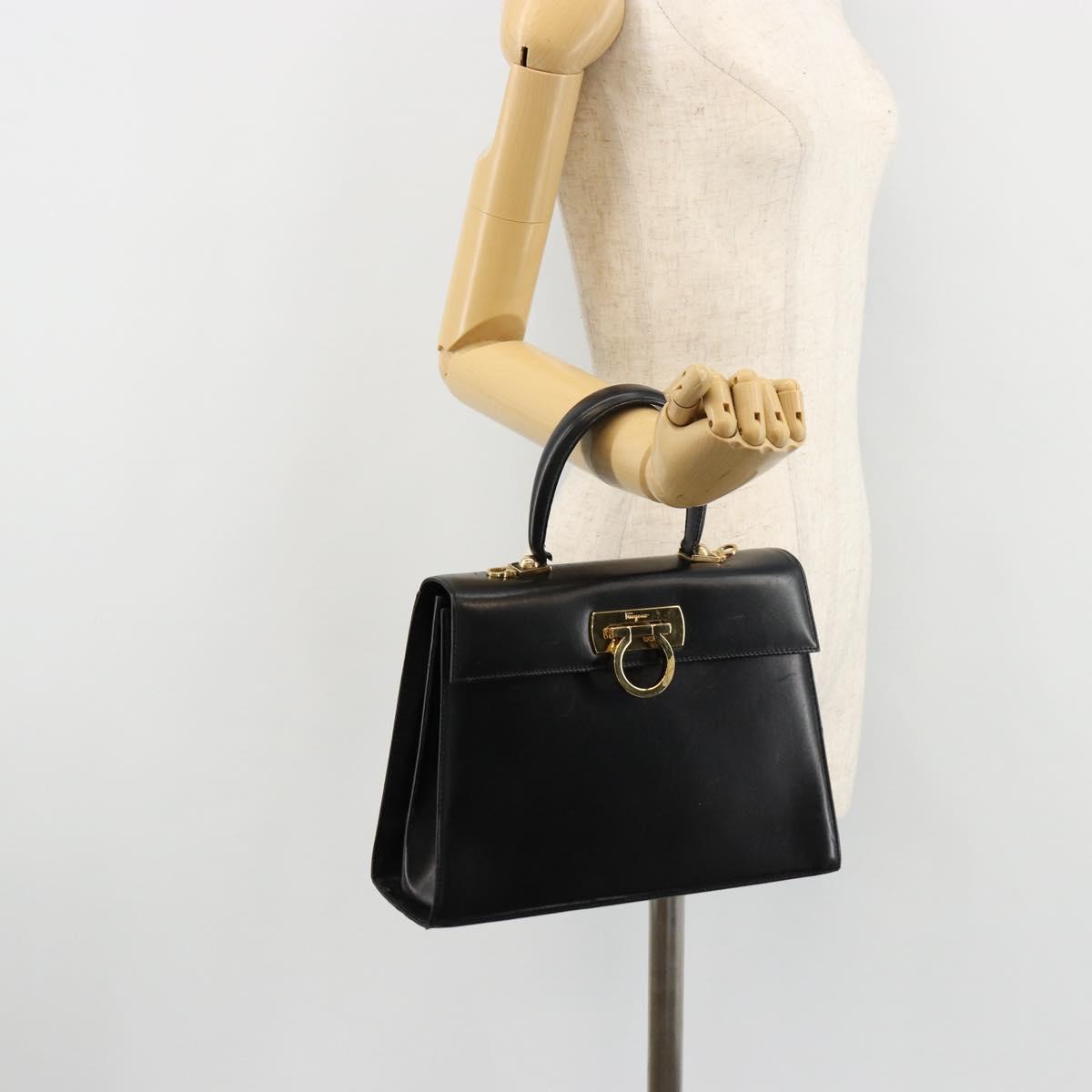 Salvatore Ferragamo Gancini Hand Bag Leather Black Gold Auth 181150