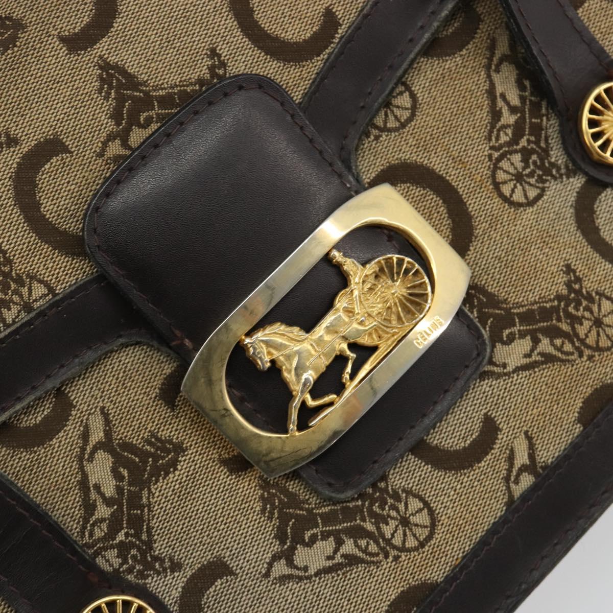 CELINE C Sulky Horse Carriage Hand Bag Canvas Beige Gold Auth 181151