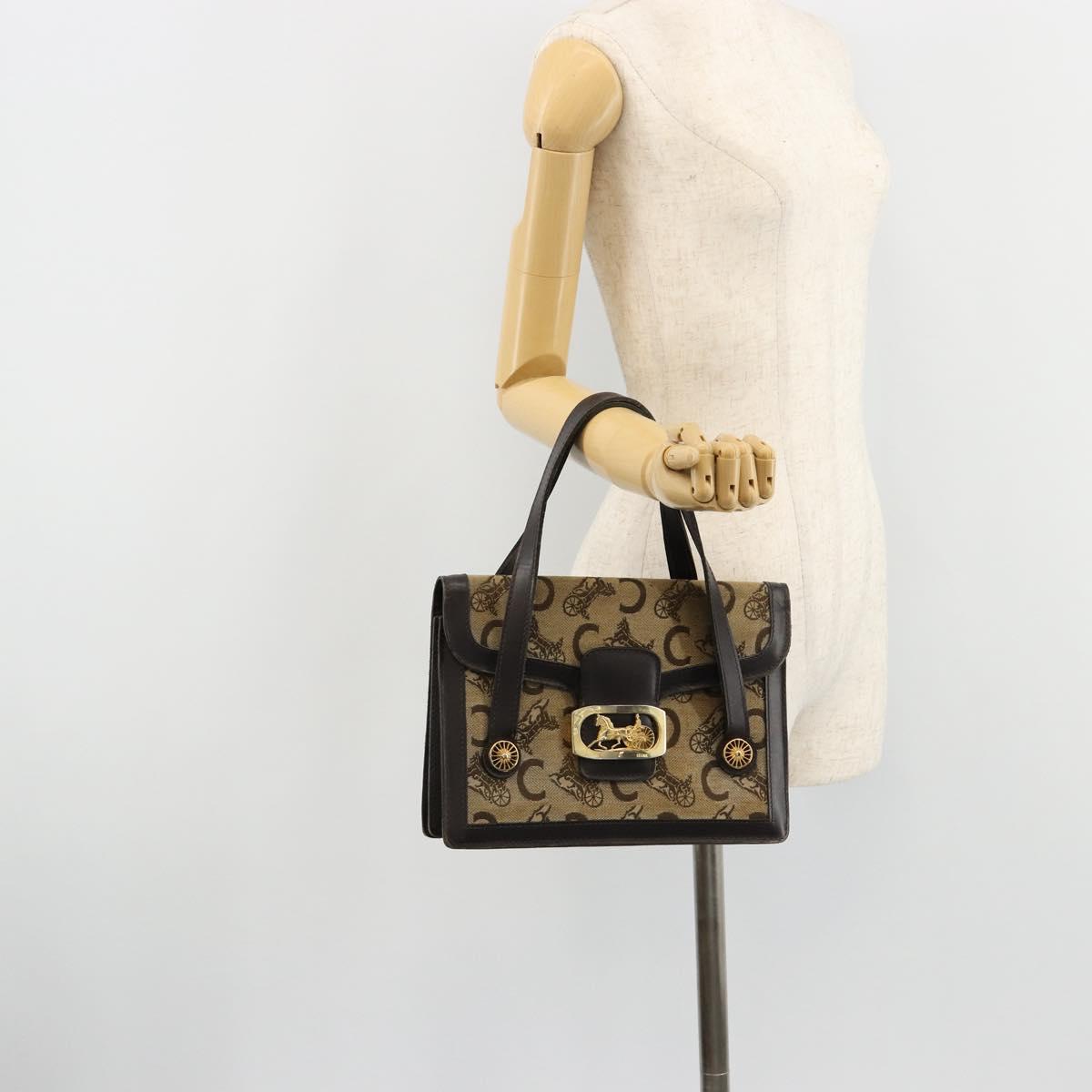 CELINE C Sulky Horse Carriage Hand Bag Canvas Beige Gold Auth 181151