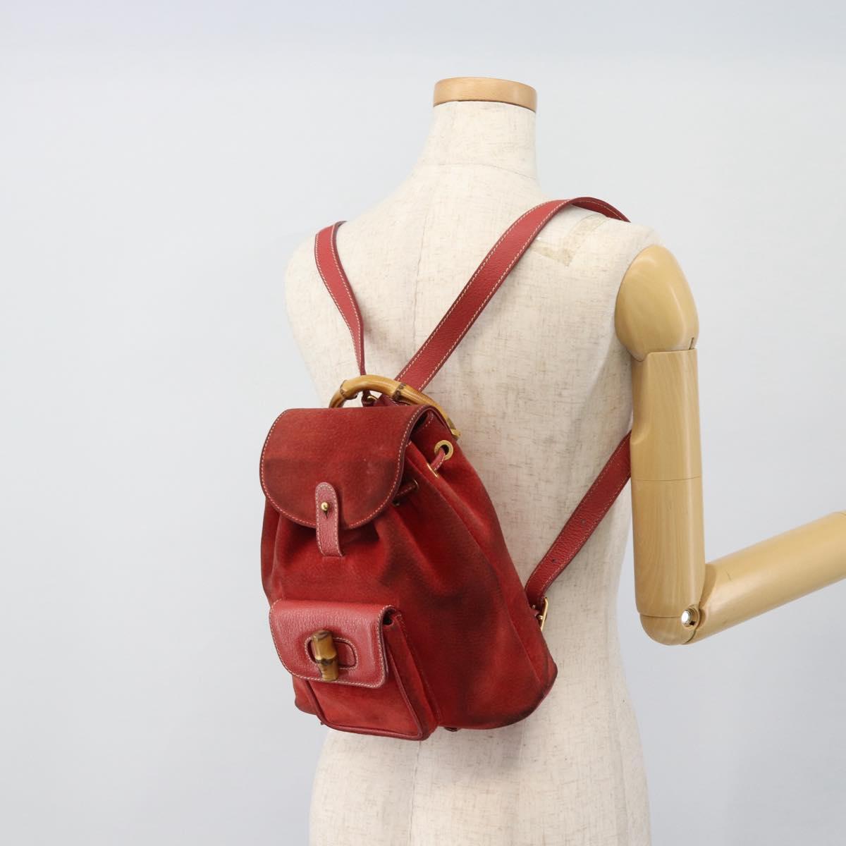 GUCCI Bamboo Backpack Suede Red Gold 003 2058 0030 Auth 181155