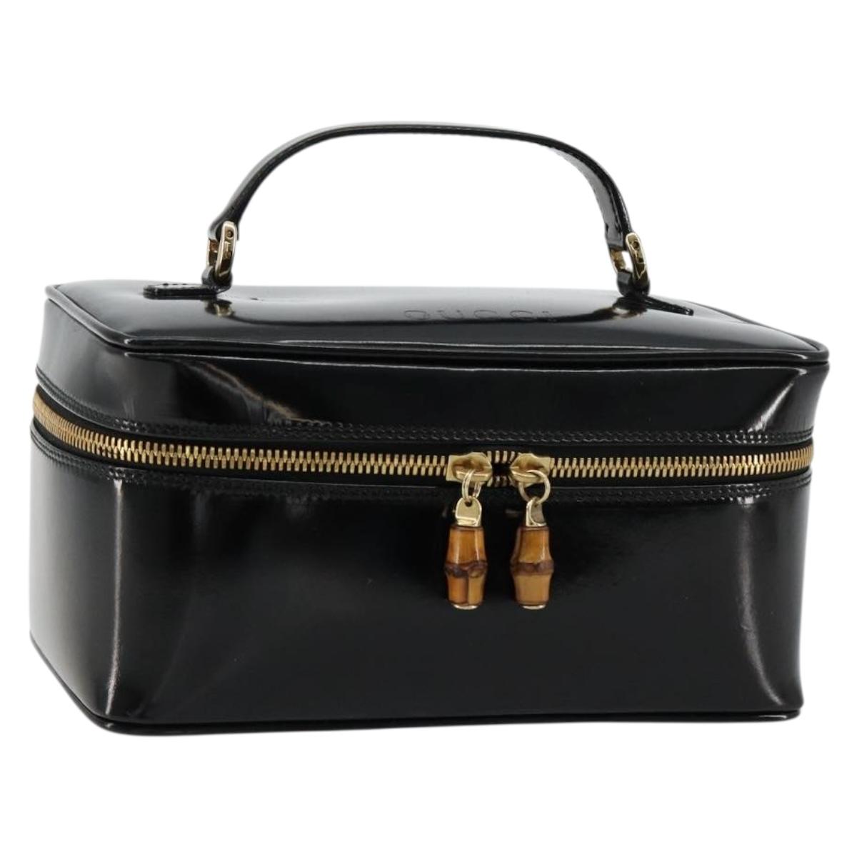 GUCCI Bamboo Vanity Hand Bag Patent leather Black Gold Auth 181163