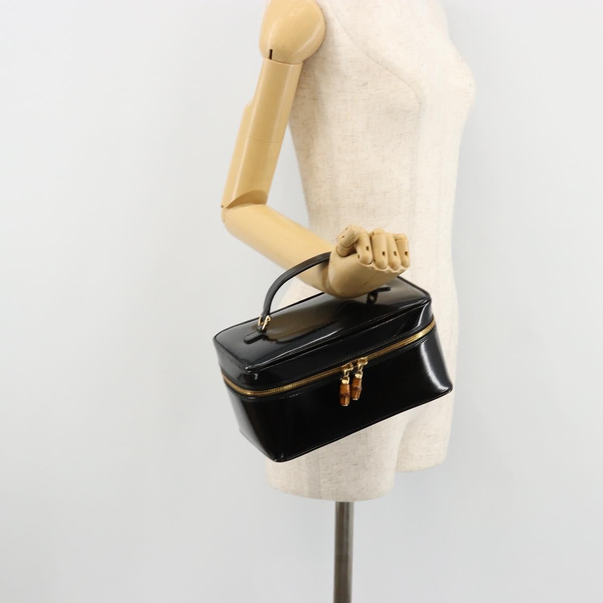 GUCCI Bamboo Vanity Hand Bag Patent leather Black Gold Auth 181163