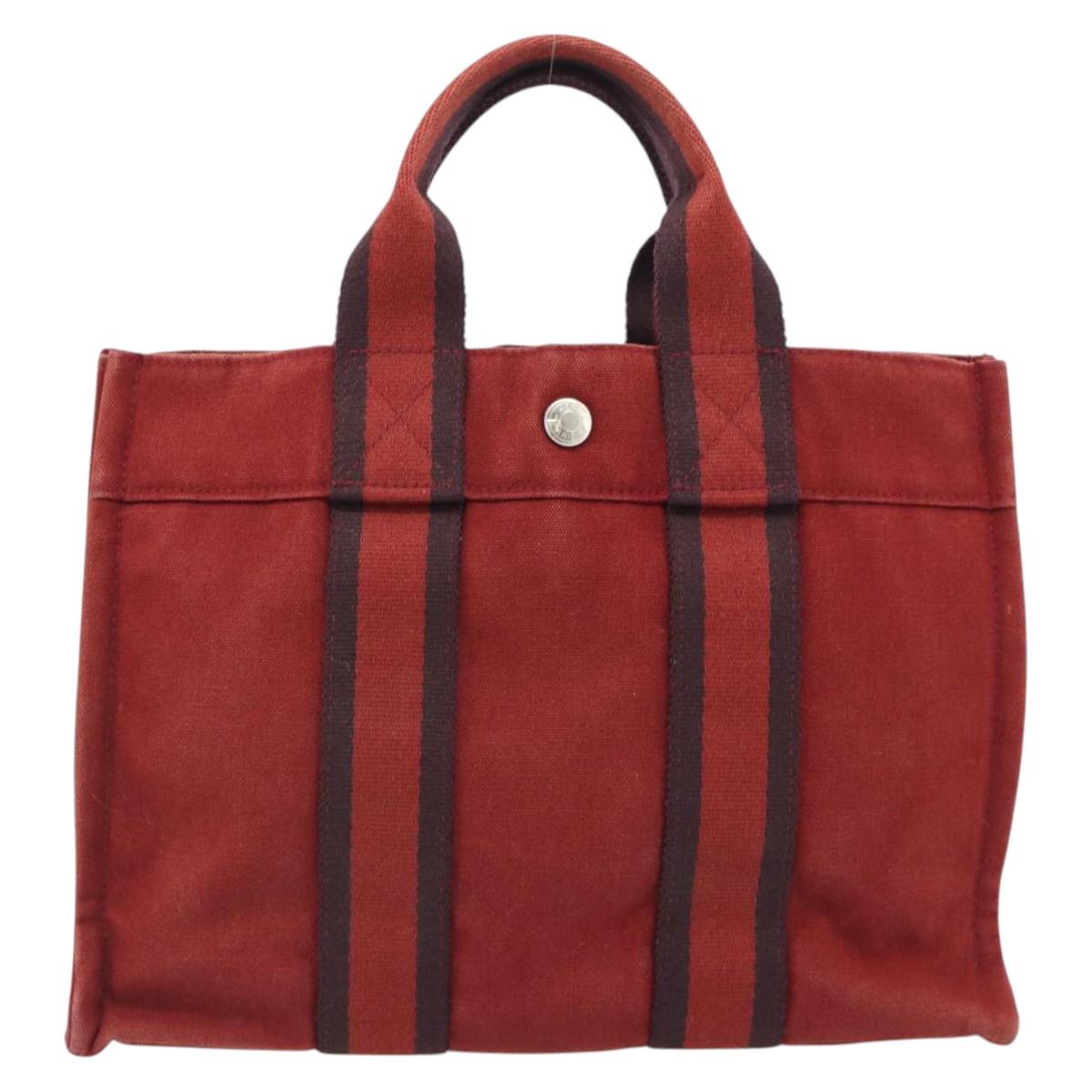 HERMES Fourre Tout PM Hand Bag Canvas Red Navy Silver Auth 181180